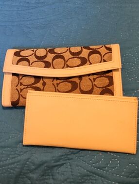 Coach 2 Piece  Brown Signature Canvas Wallet with Cream Trim